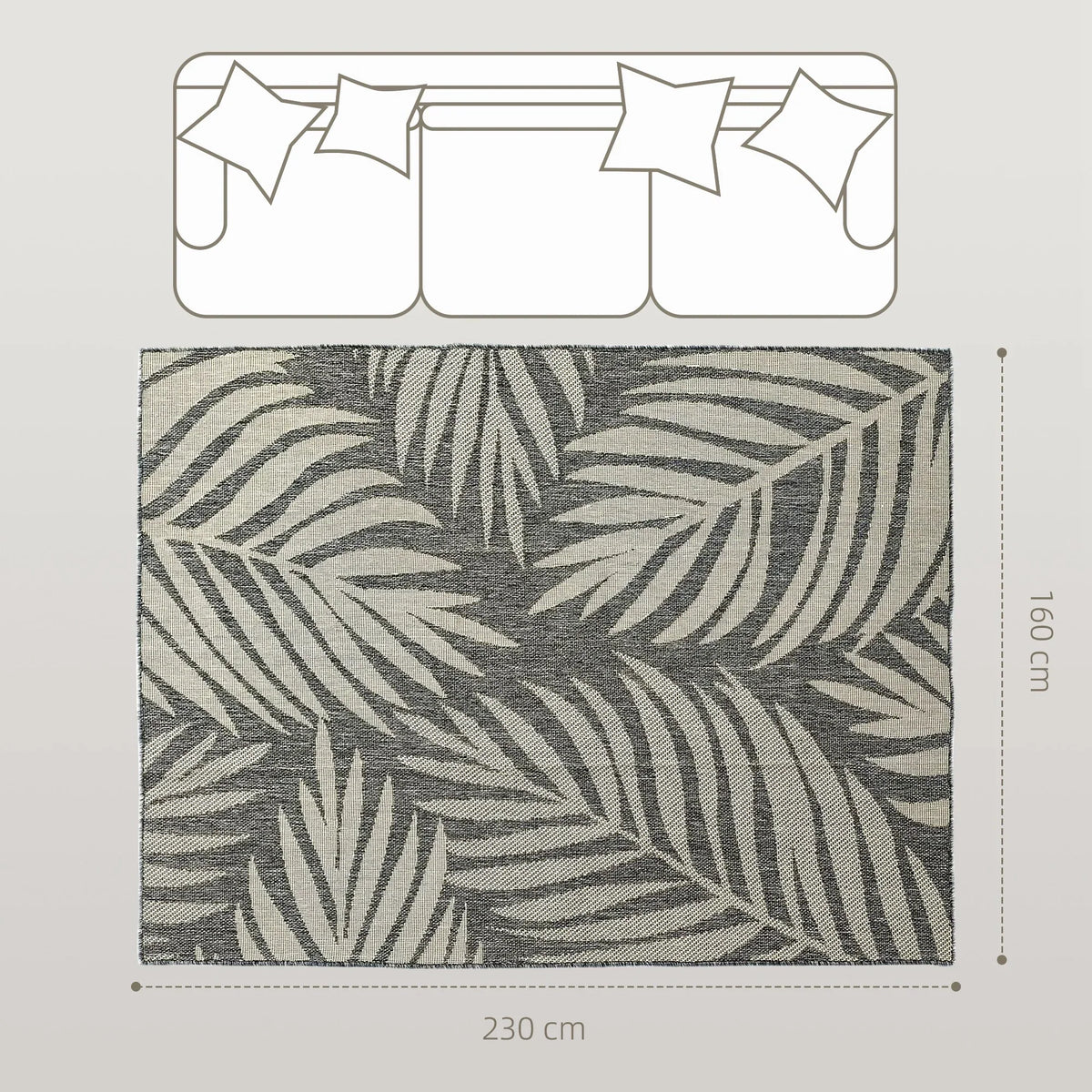 Grey square area rug featuring large leafy pattern in textured flat-woven design.