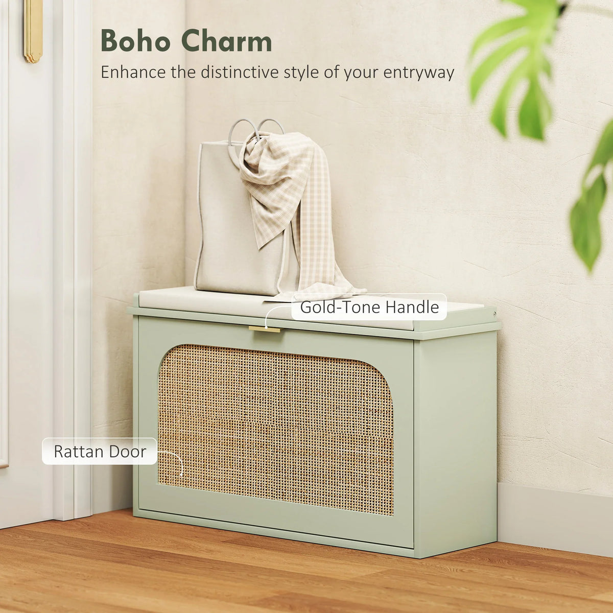 Light green entryway shoe bench with rattan-look front flip door and top handle.