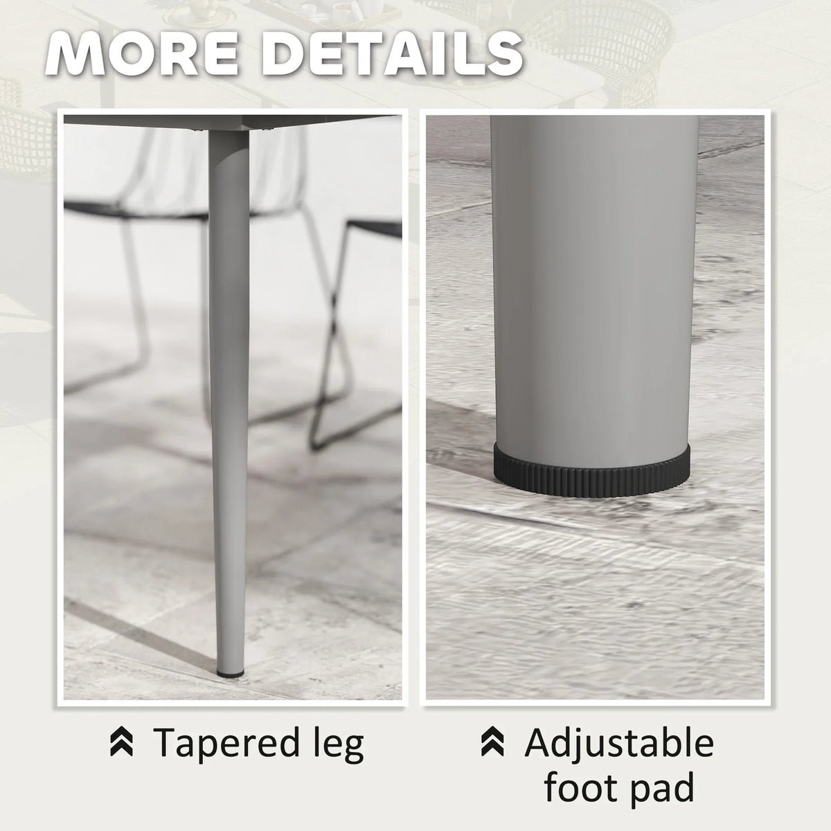 Outdoor dining table with tapered legs and adjustable foot pad on metal base.