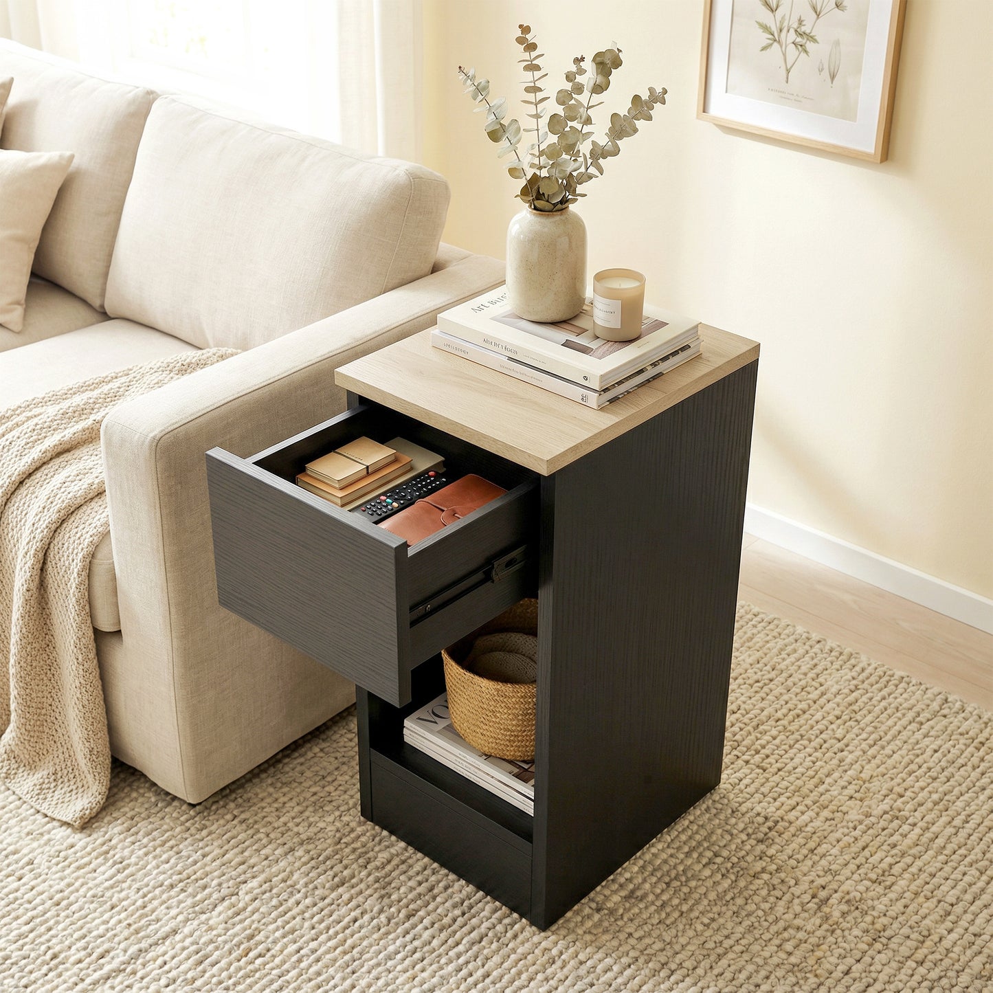 HOMCOM Set Of Two Modern Black Storage Bedside Tables With Wood Effect Tops For Small Spaces