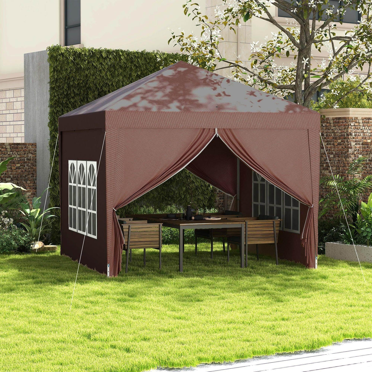 Coffee-brown pop-up gazebo with sidewalls, arched window panels, and door curtain