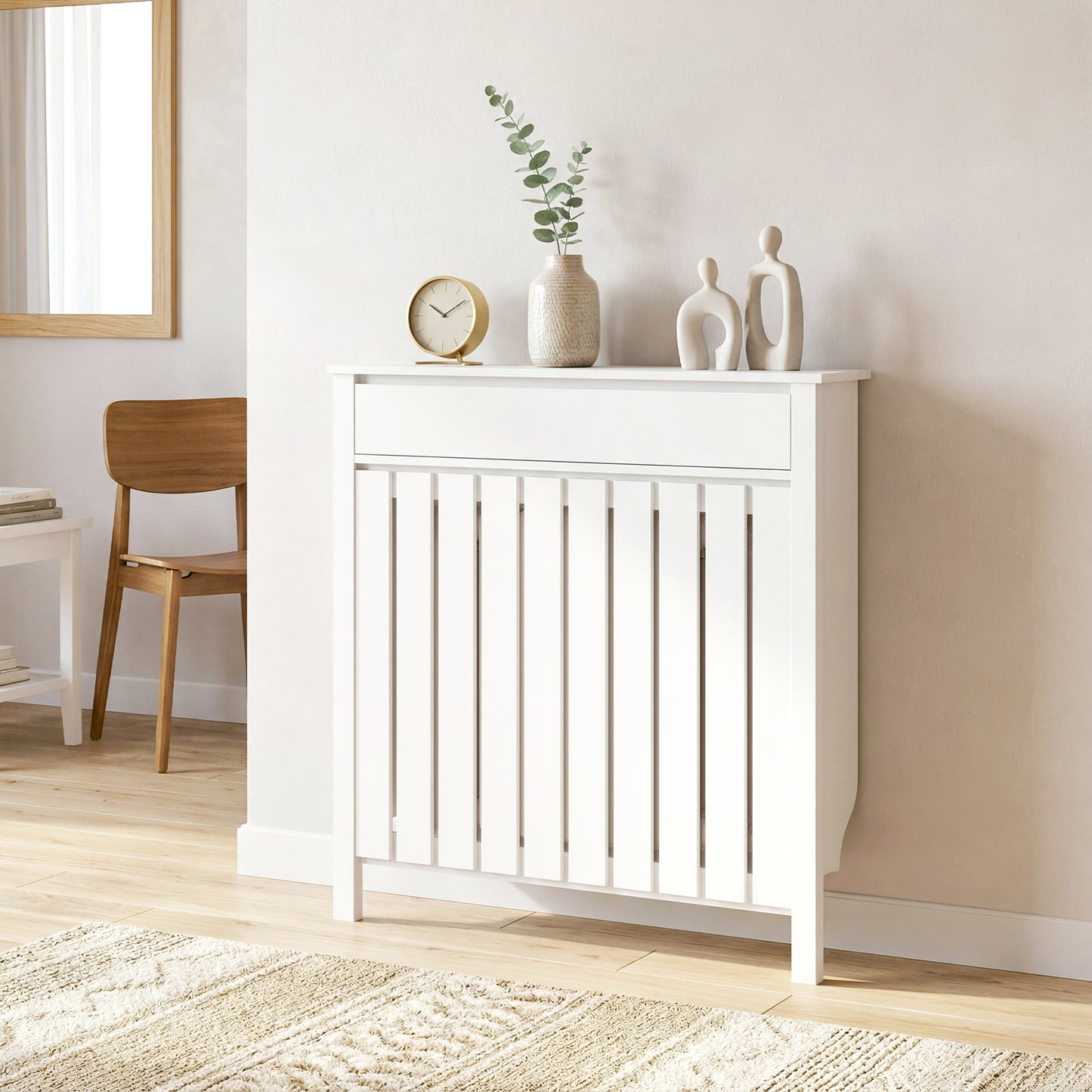 HOMCOM 93 x 88.5cm Rustic White Radiator Cover MDF Slatted Slim Design for Safe Heating