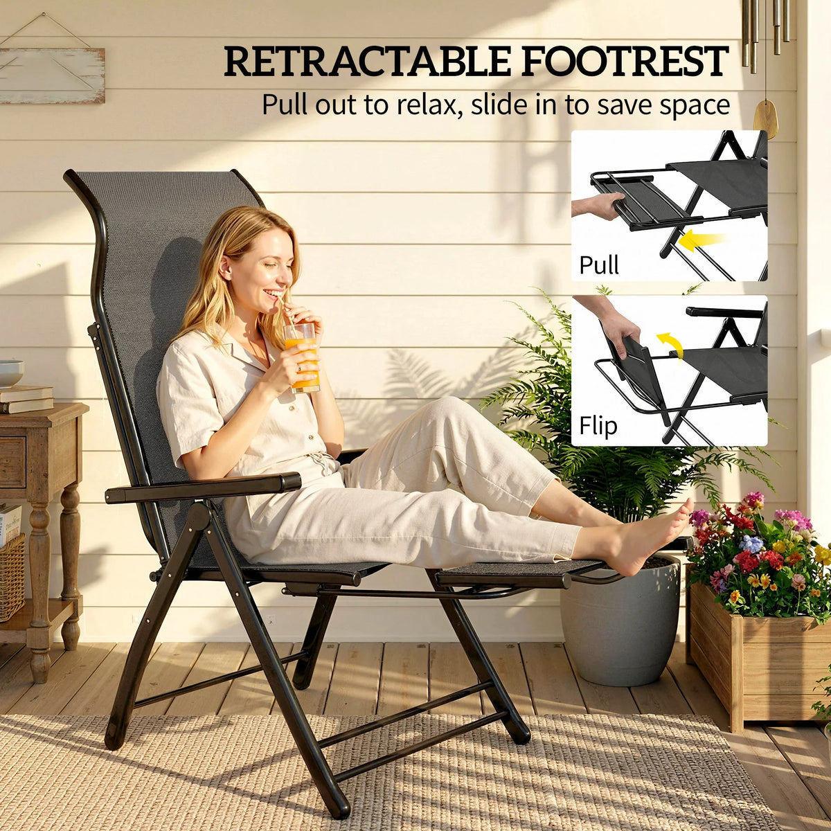 Dark grey reclining chair with retractable footrest and adjustable high back