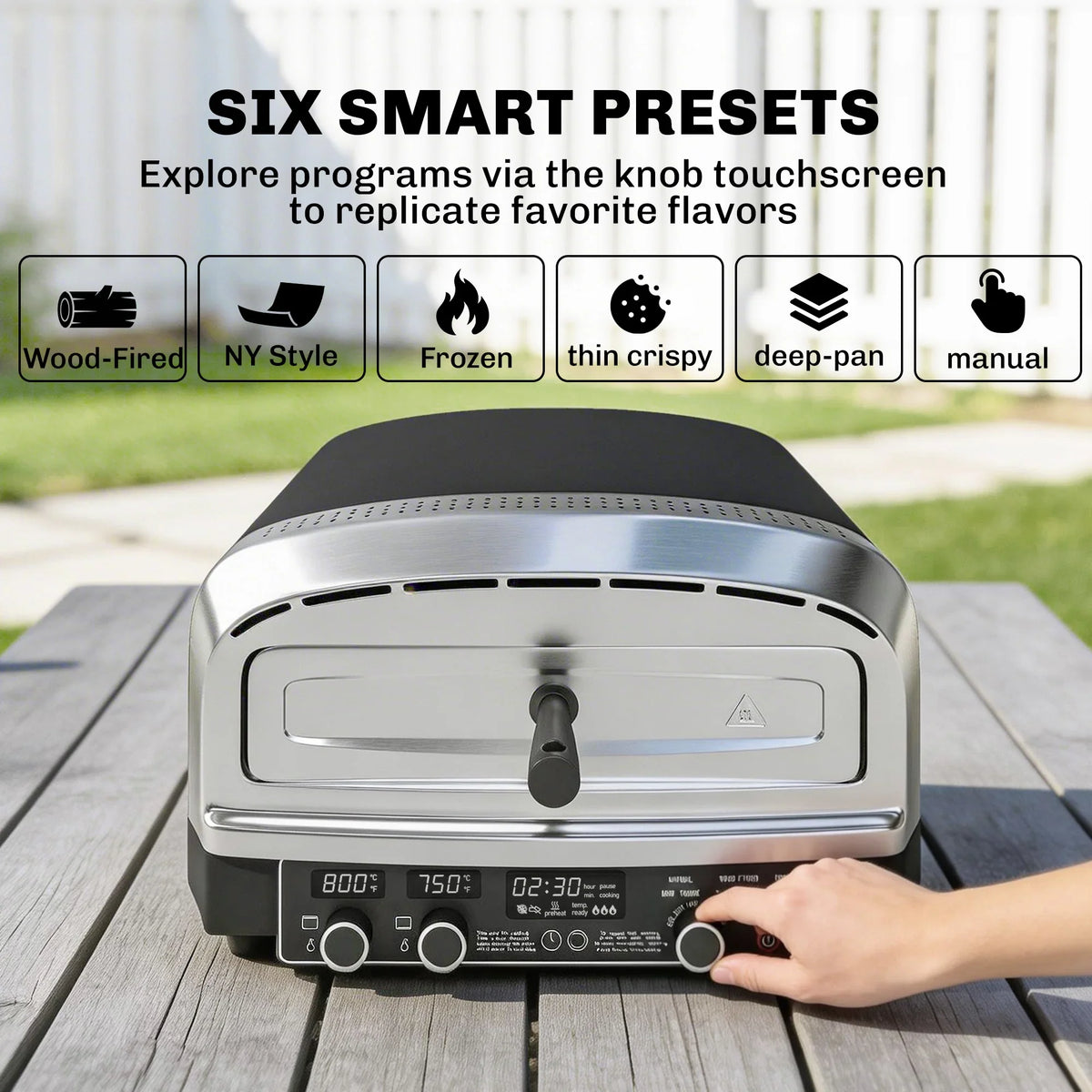 Electric pizza oven front view with control panel and open baking door