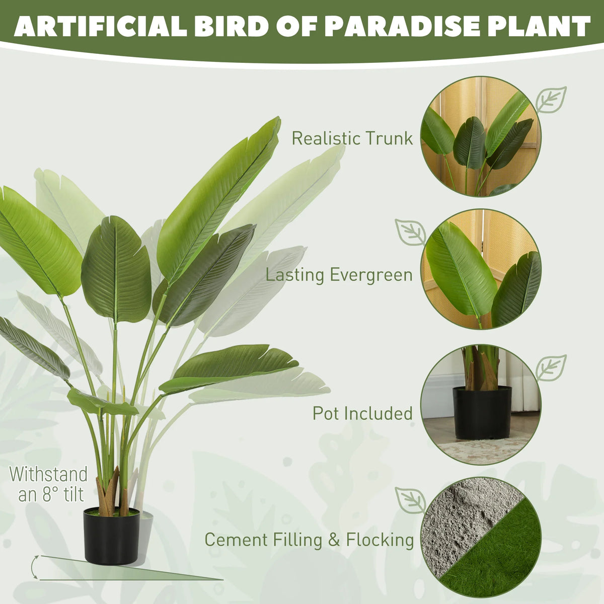 Artificial bird of paradise plant in black pot with realistic leaves; height 109 cm