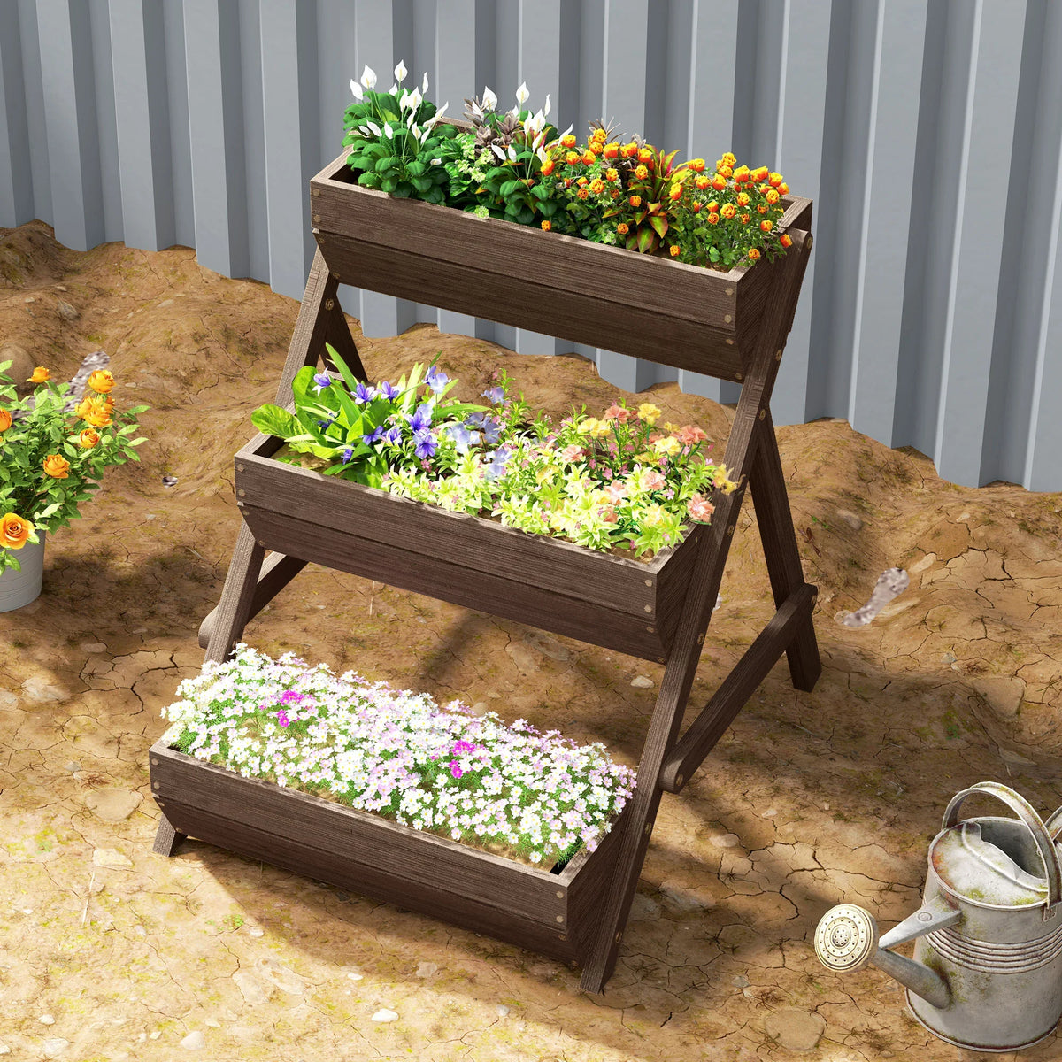 Outsunny 3-tier raised garden bed wooden planter with stacked boxes and flower blooms