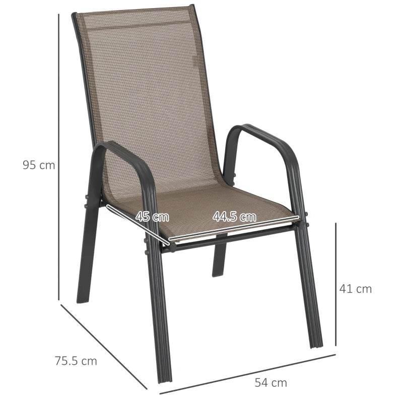 Grey high-back outdoor dining chair with armrests and mesh seat and back, size shown