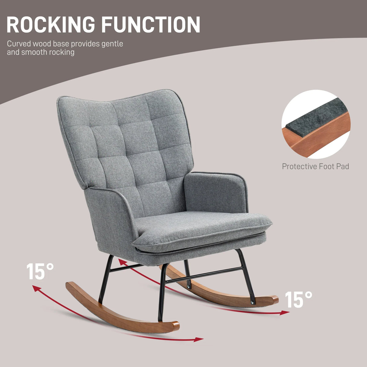 Grey padded rocking chair with wooden rocker base and matching ottoman, showing 15° motion