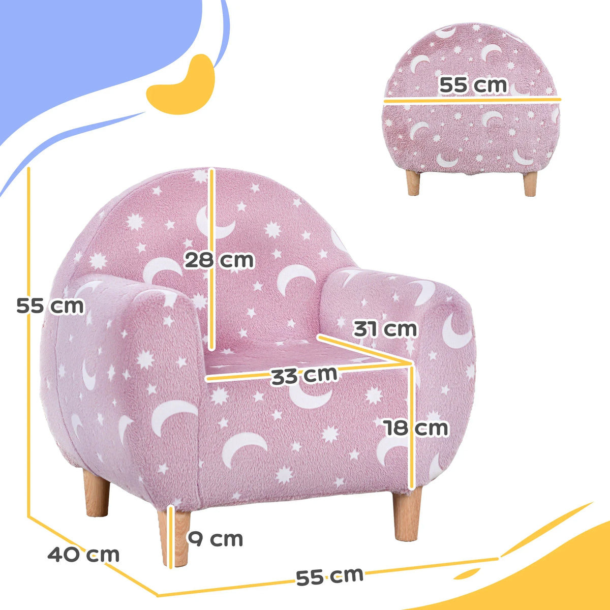 Pink kids armchair with star and moon print with size outline measurements on chair