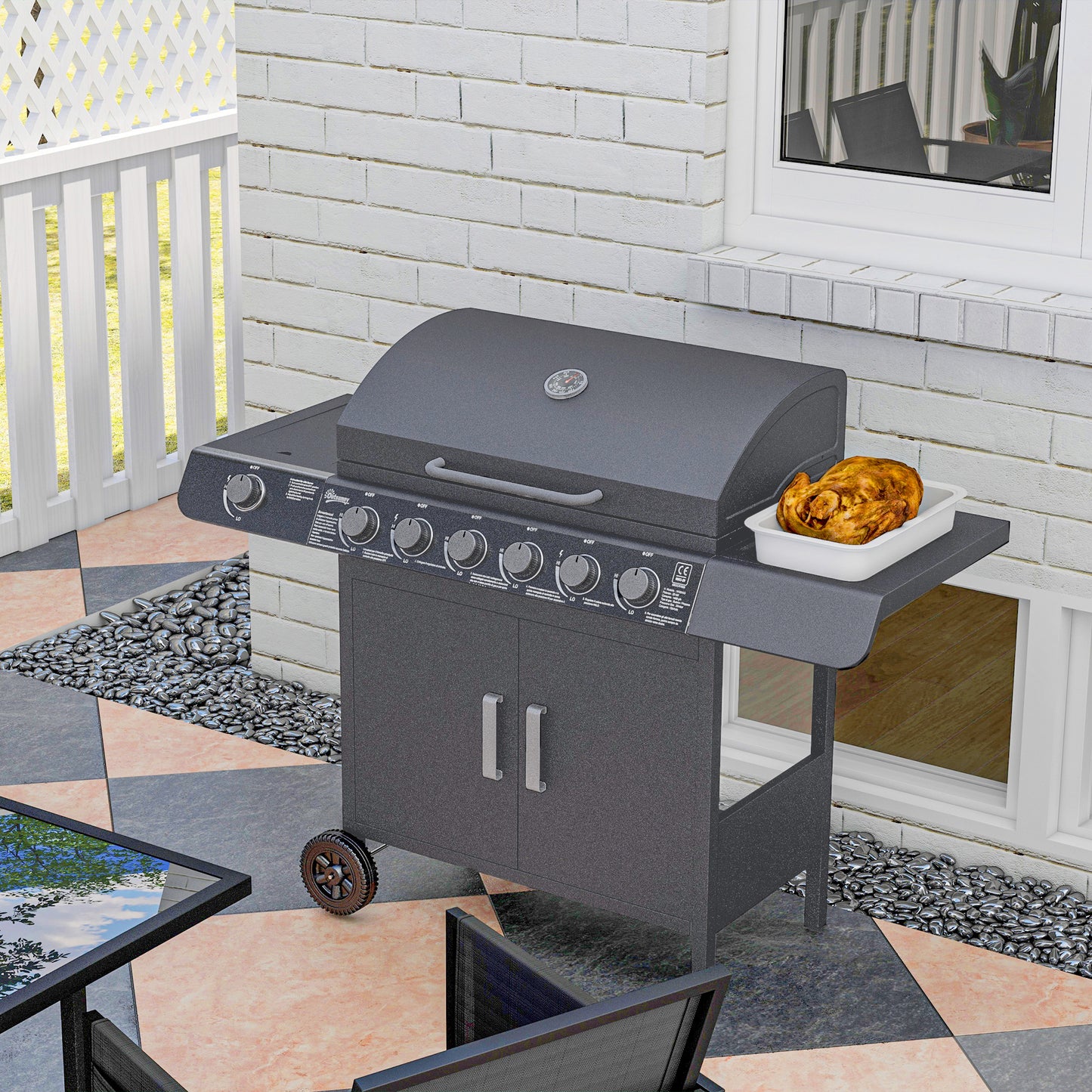 Outsunny Seven Burner Gas BBQ Grill Grey With Side Burner And Large 2646 Sq Cm Cooking Area