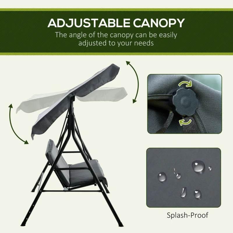 Grey adjustable canopy swing chair with side ties and padded seat and back cushions