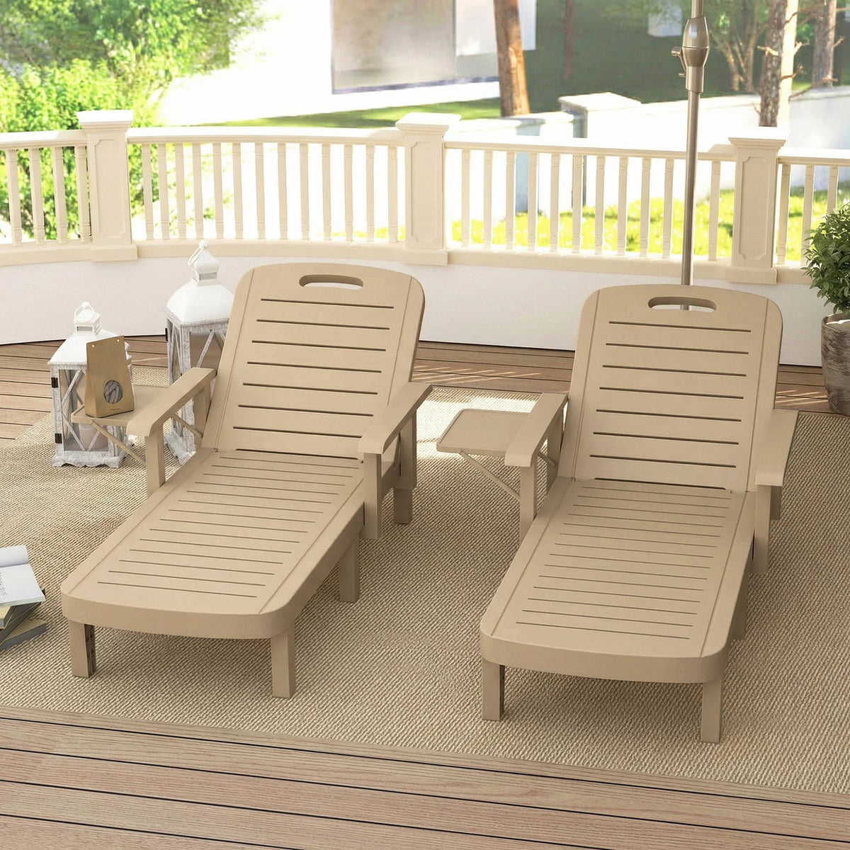 Khaki 2-pack reclining sun loungers with armrests, adjustable back positions