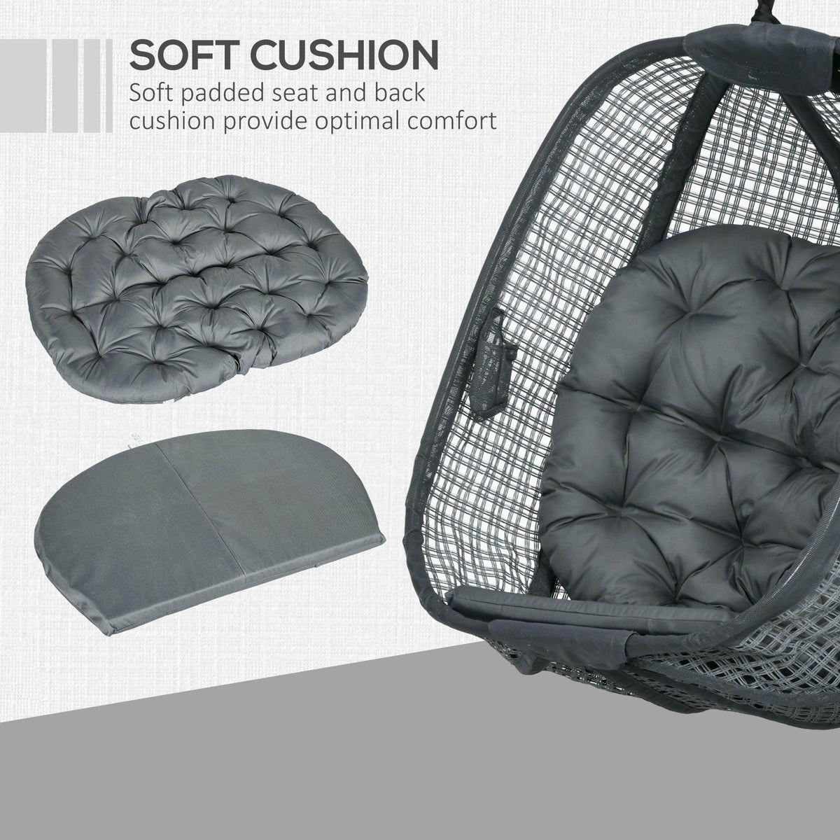 Outdoor swing chair with dark grey mesh basket and thick quilted cushion seat and back