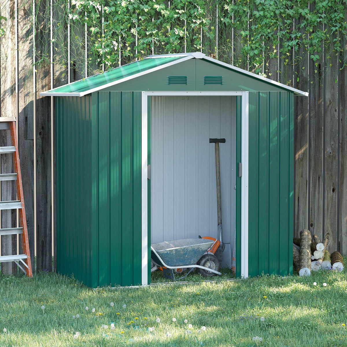 Green metal garden storage shed with double sliding doors and roof vents, open doorway