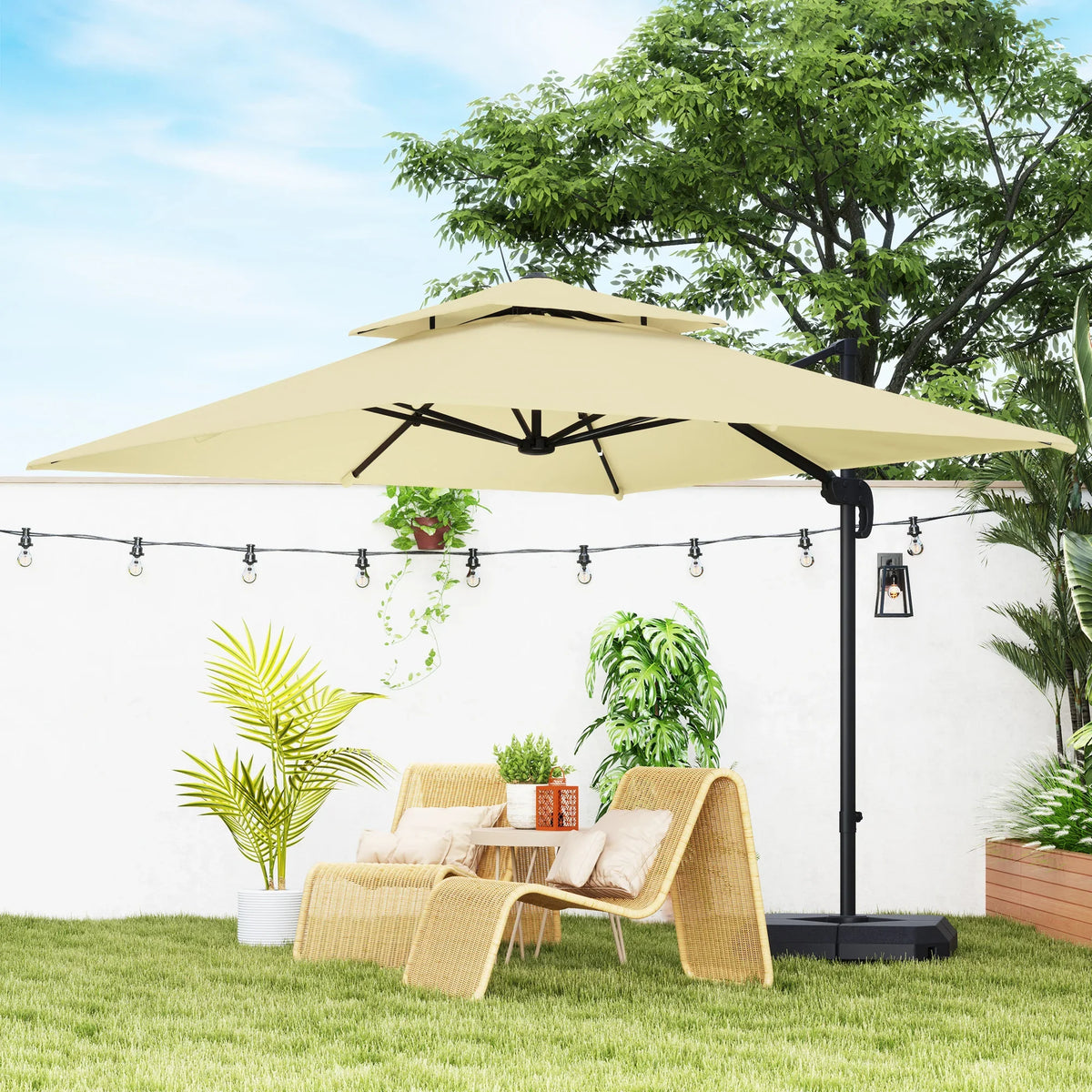 Khaki cantilever patio umbrella with double-top canopy over outdoor lounge seating