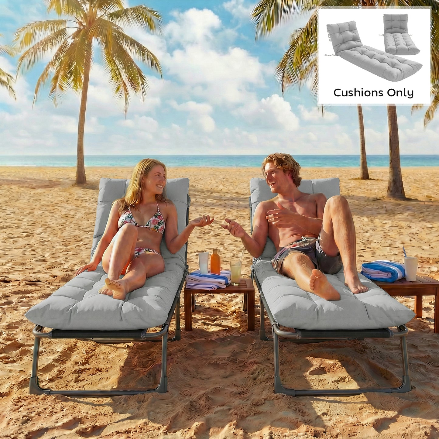 Outsunny Sun Lounger Cushions Set of 2 Light Grey Weather Resistant Replacement Pads with 4 Ties for Lounge Chairs