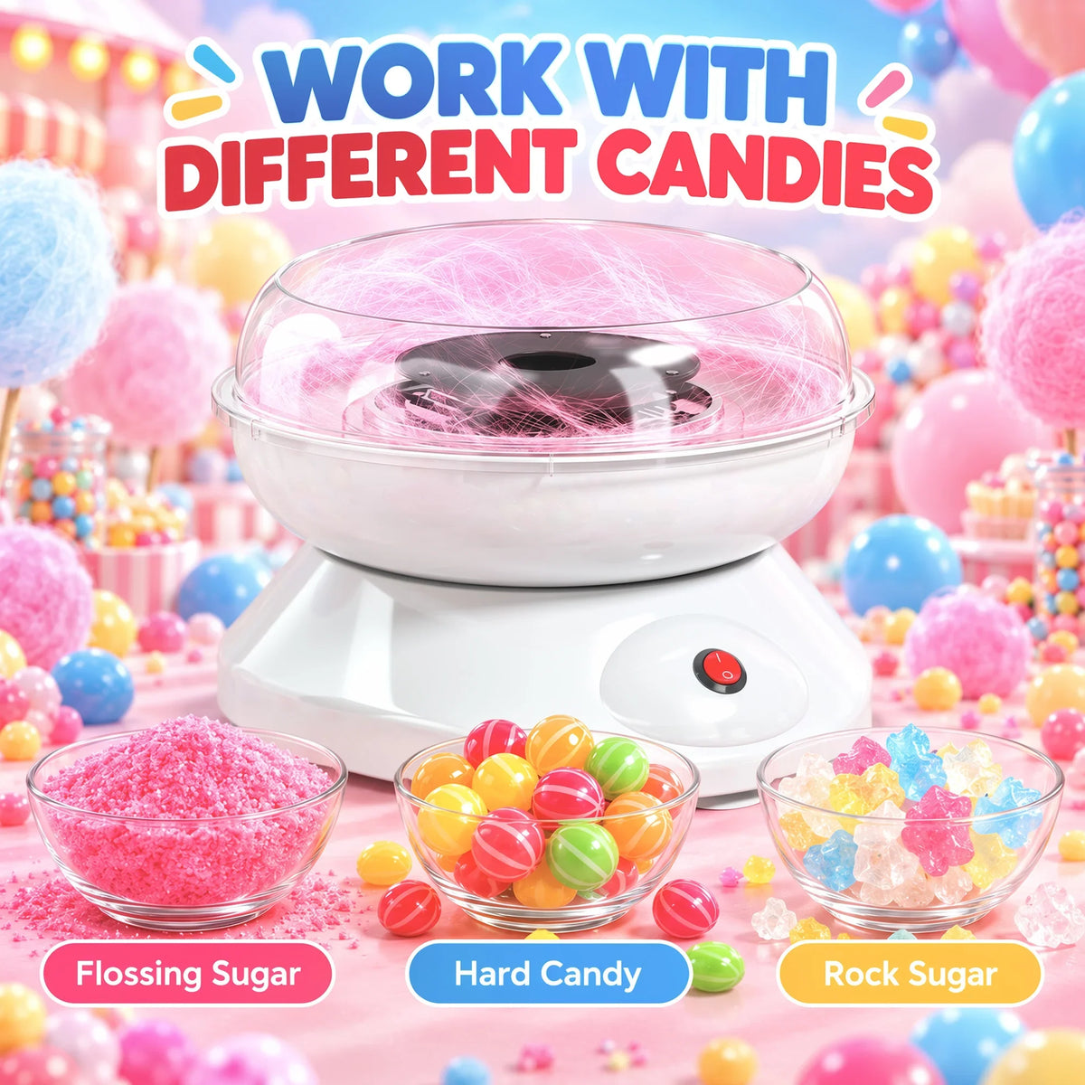 Electric cotton candy maker with clear bowl and bowls of colorful candy