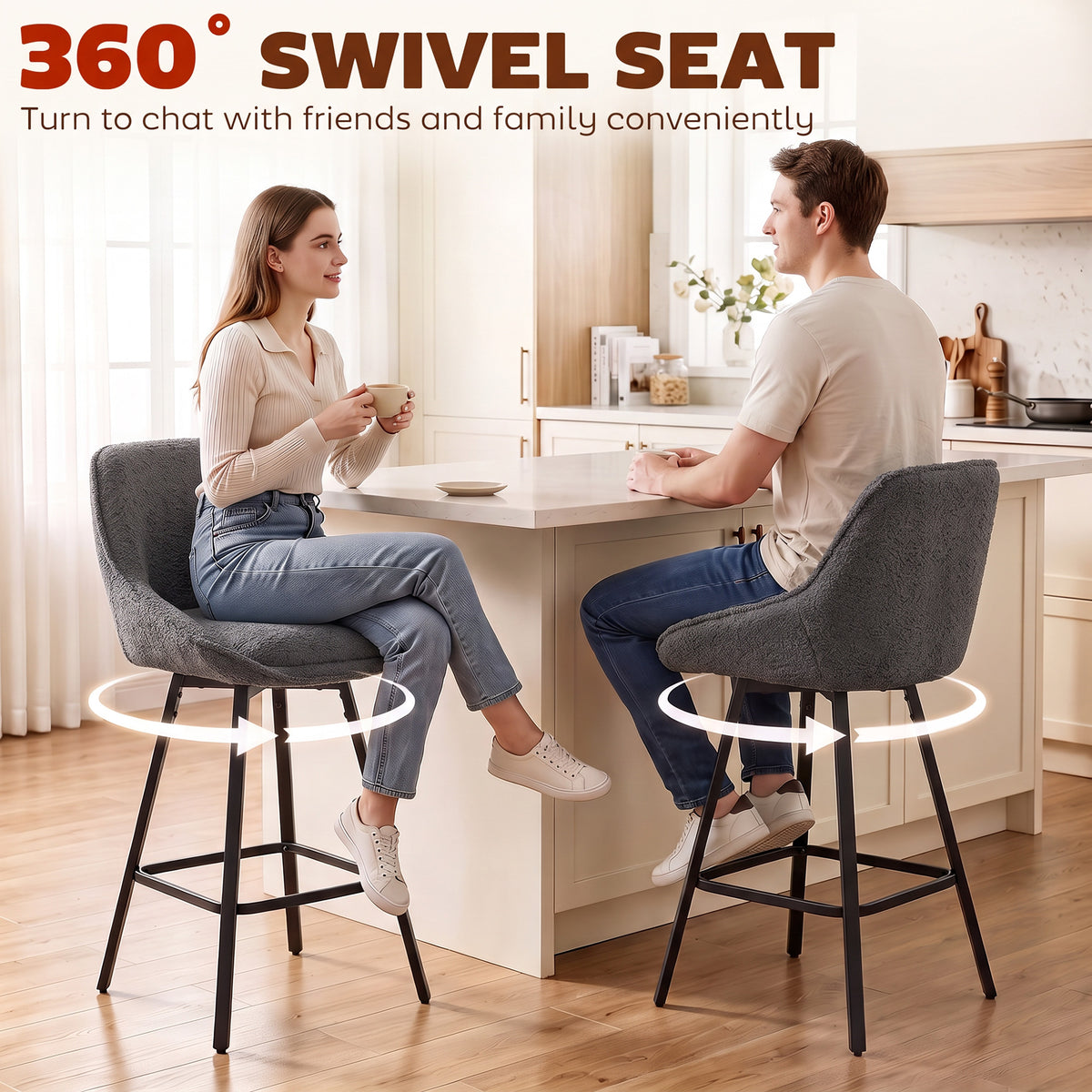 Dark grey swivel bar stool set of 2 with rotating seat and black base frame