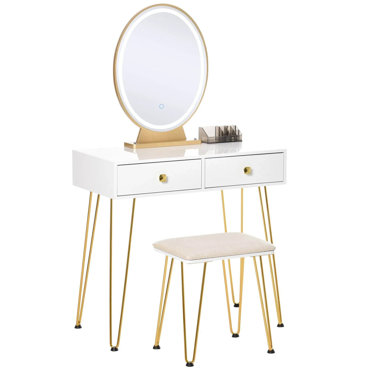 White dressing table with round LED mirror, two drawers, and gold metal legs