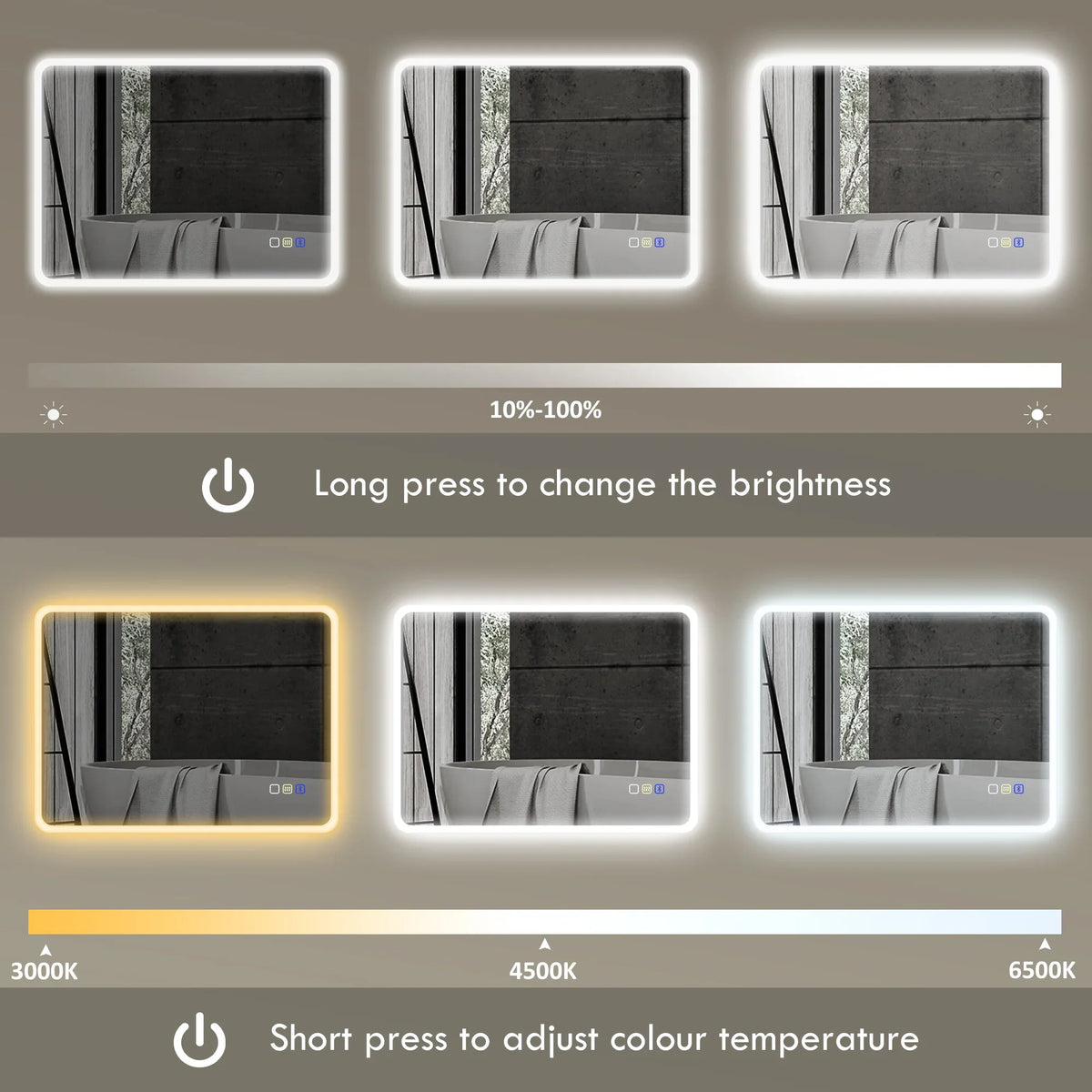 LED bathroom mirror showing brightness adjustment across multiple light levels