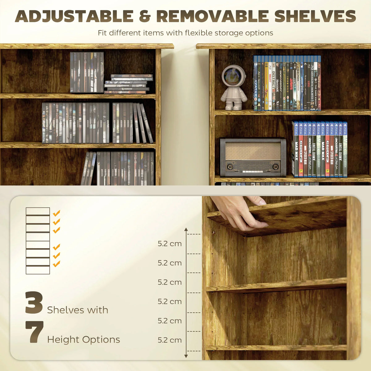 Rustic brown media storage cabinet with adjustable/removable shelves inside