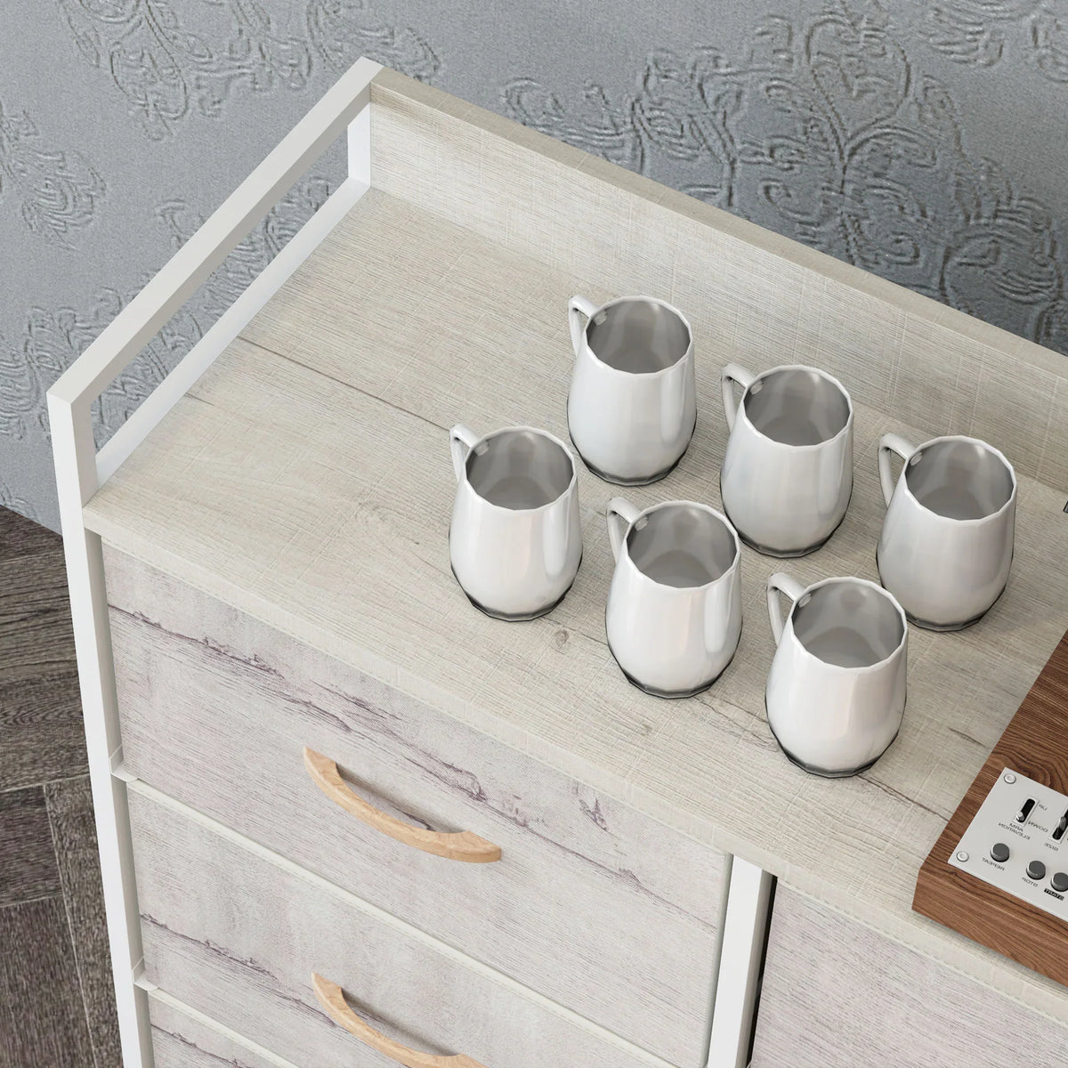 White drawer chest with open top shelf and six drawers; light wood handle pulls