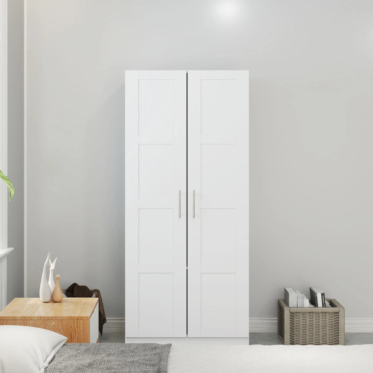 White double-door wardrobe with paneled doors and metal handles