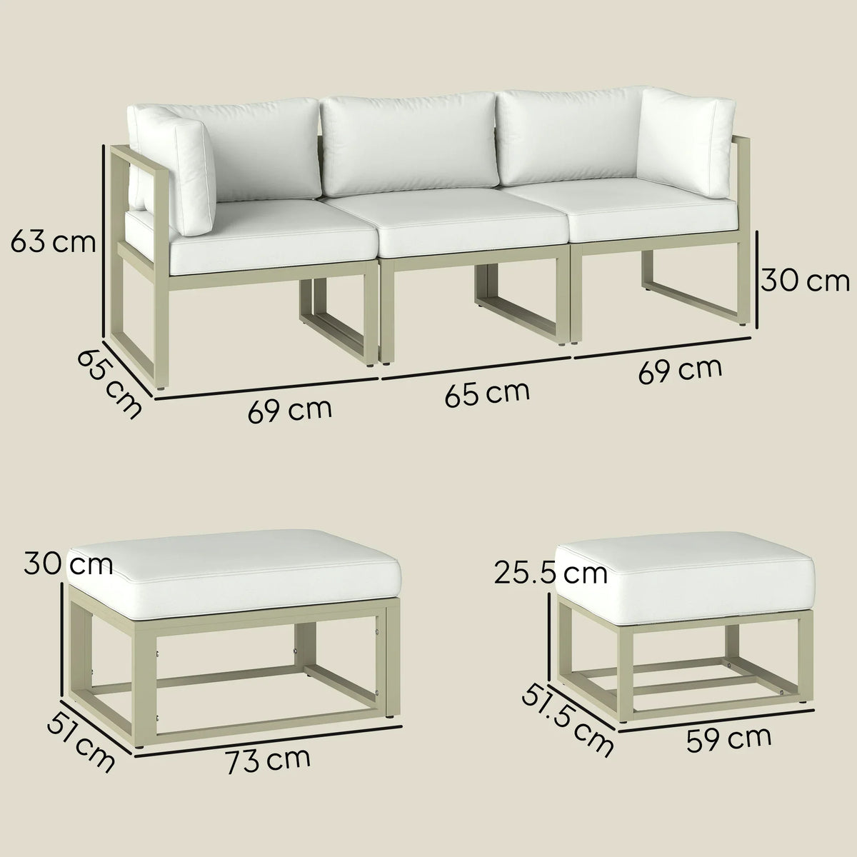 Outdoor sectional sofa set size diagram with cushion and ottoman measurements