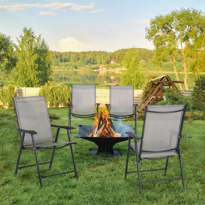 Grey folding patio chairs set of four with breathable mesh seats and black frames