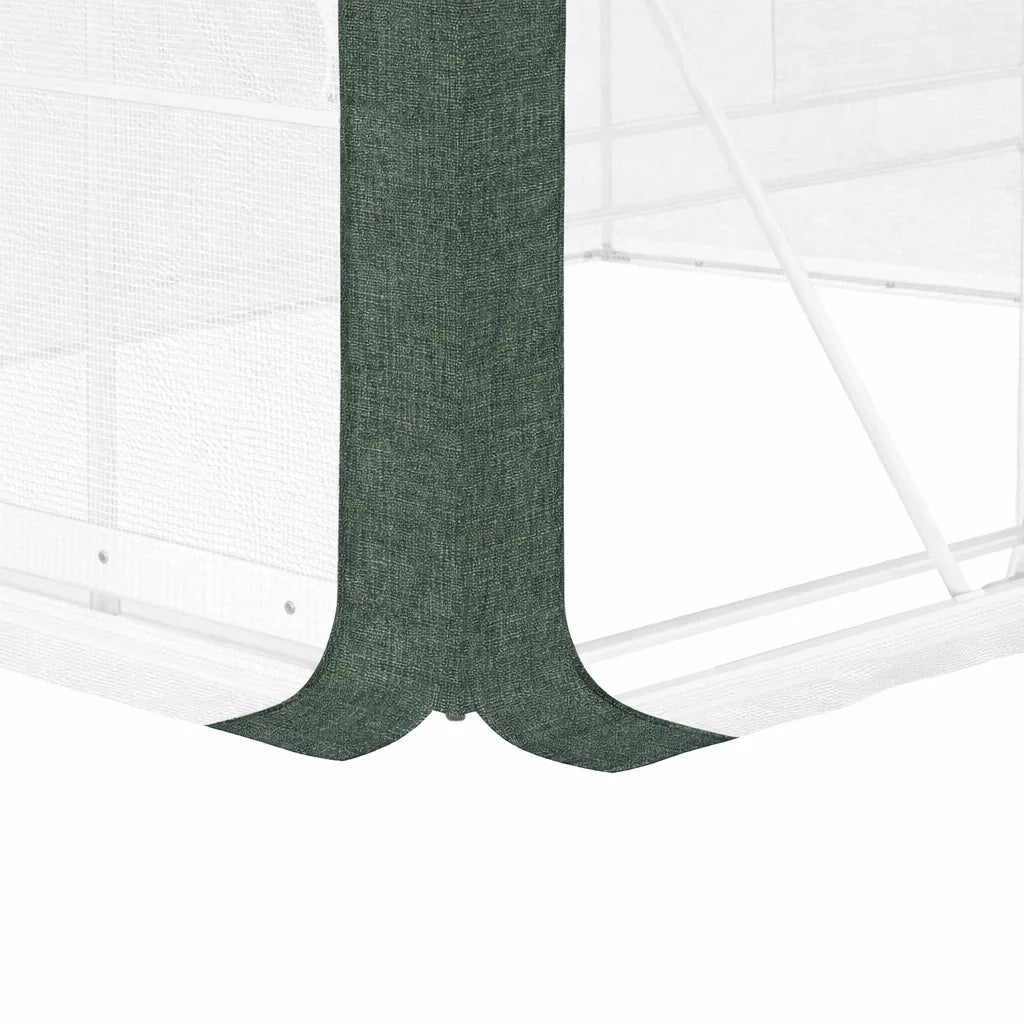 Walk-in tunnel greenhouse base skirt with white mesh cover and dark gray frame