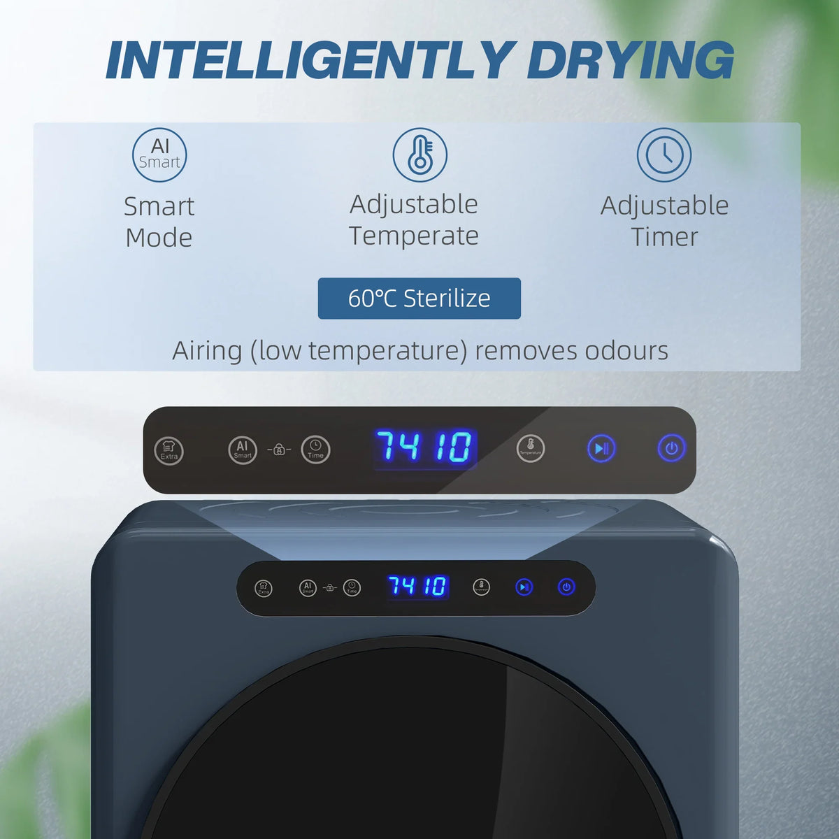 Blue compact tumble dryer with top control panel and round door, close-up