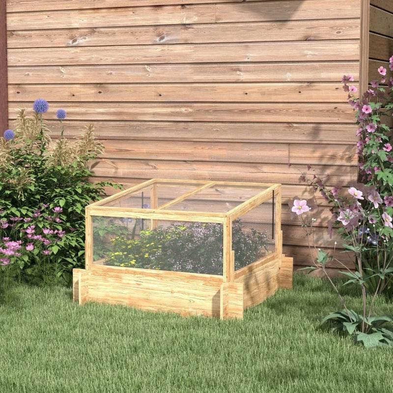 Natural wood greenhouse planter box with clear panels and hinged front frame