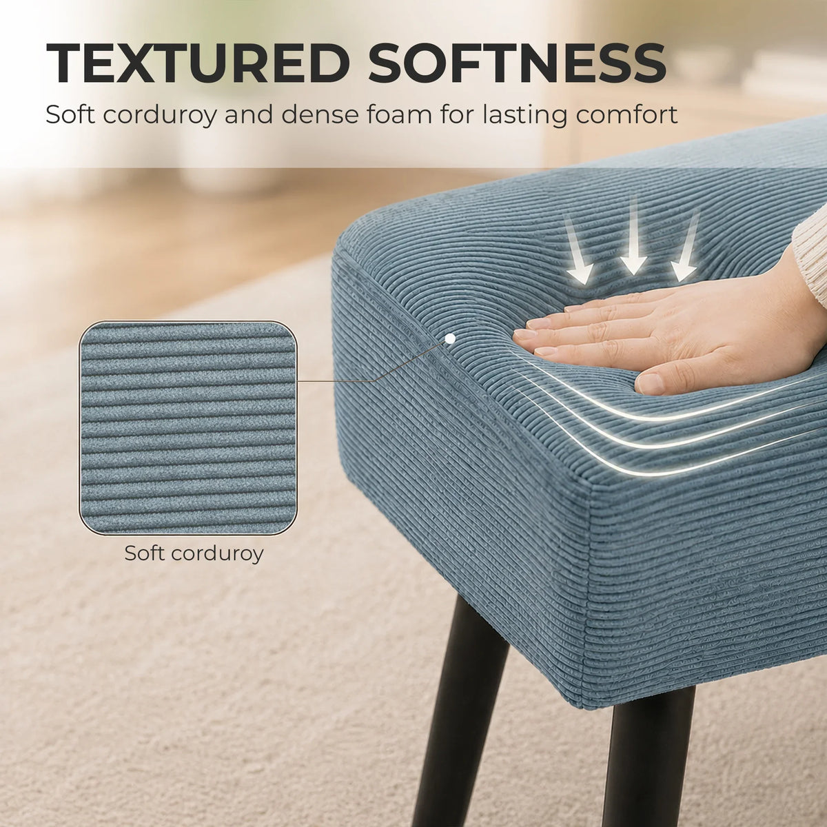 Blue corduroy upholstered bench with tufted cushion and textured fabric surface