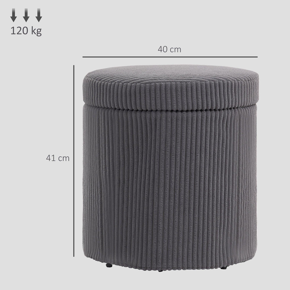 Grey corduroy storage ottoman footstool with rounded removable lid, 40 cm