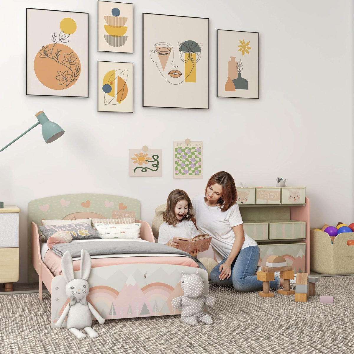 Pink toddler bed set with storage bins, plush bunnies, and two kids playing