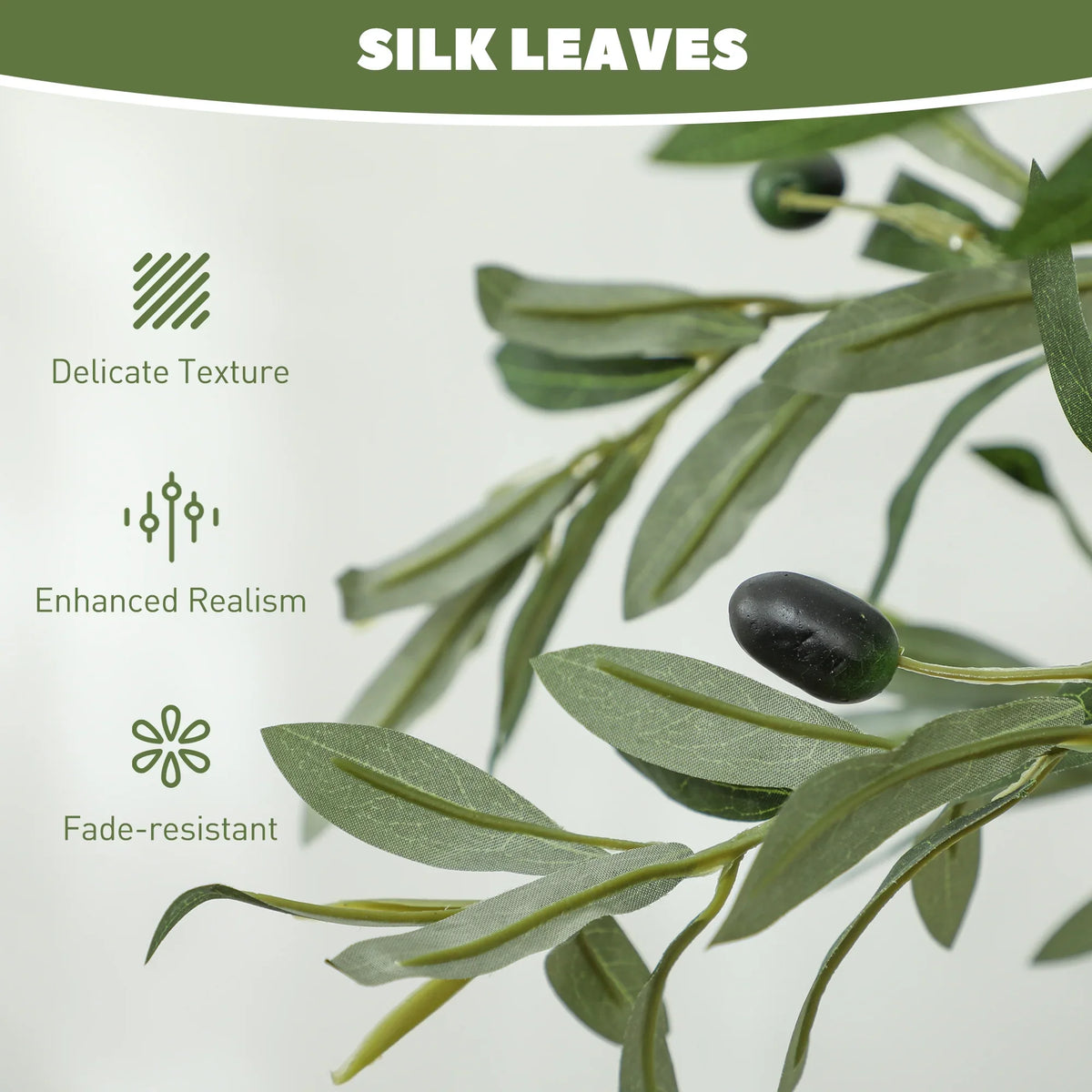 Artificial olive tree with detailed silk-like green leaves
