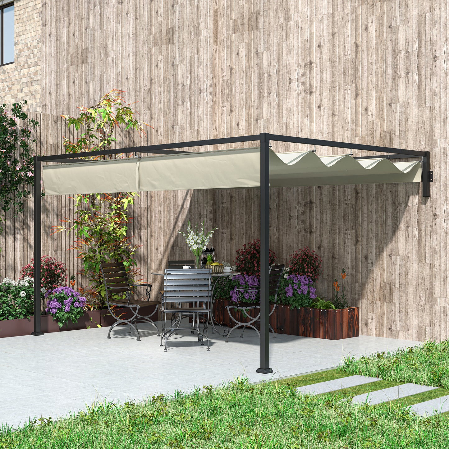 Outsunny 3x4m Steel Pergola With Retractable Canopy And Powder Coated Frame For Outdoor Khaki