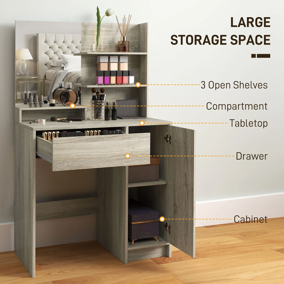 Dressing table with open storage: three shelves, drawer, tabletop, and cabinet space