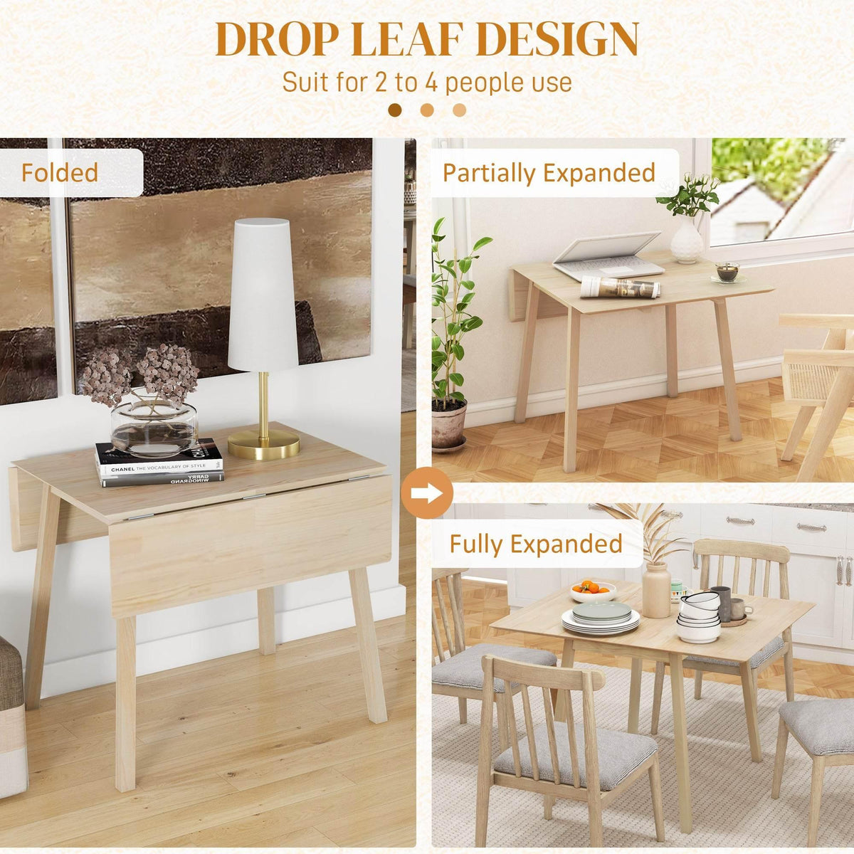 Natural pine drop-leaf dining table partially and fully extended