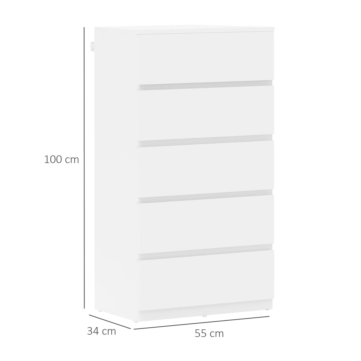 White 5-drawer dresser with dimensions shown: 100 cm high, 55 cm wide