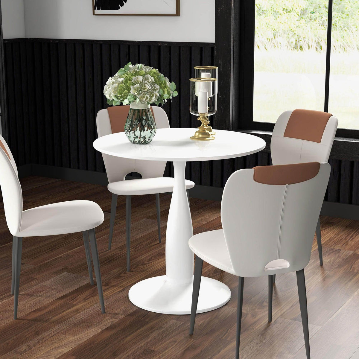 White round dining table with pedestal steel base