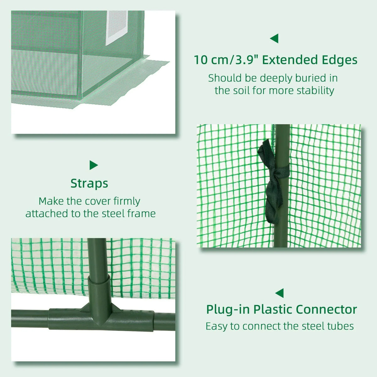 Green polytunnel cover details: extended buried edges, straps, and plug-in tube connectors