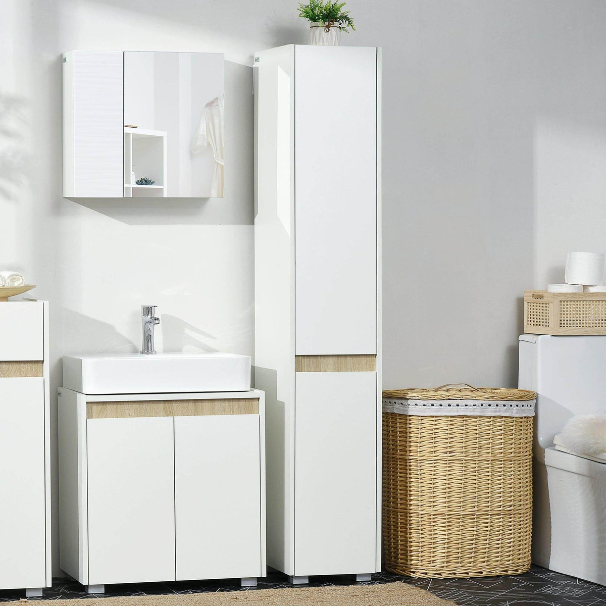 Tall white bathroom storage cabinet with mirrored top cabinet and two door base