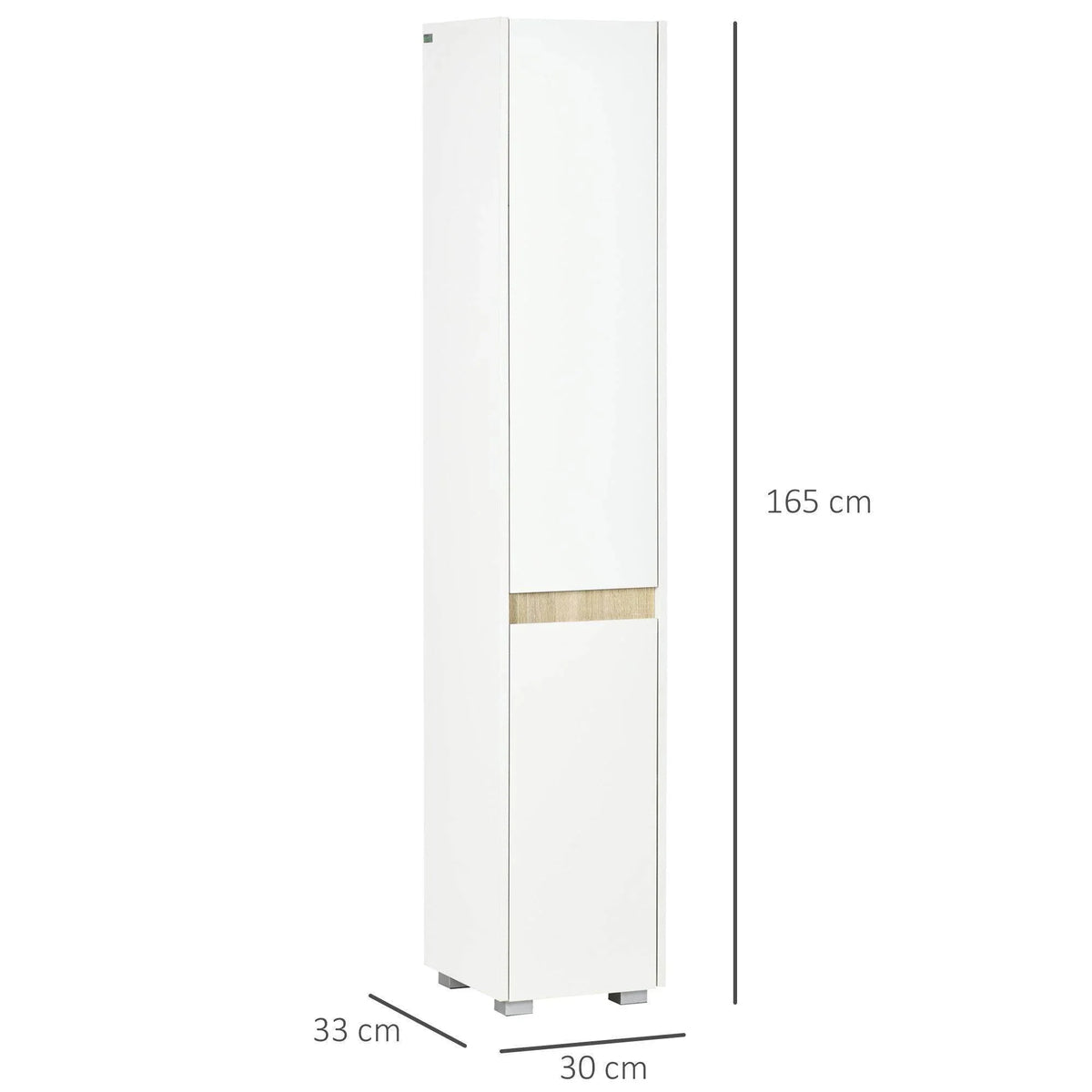 Tall narrow white cabinet with two stacked doors and slim side panels