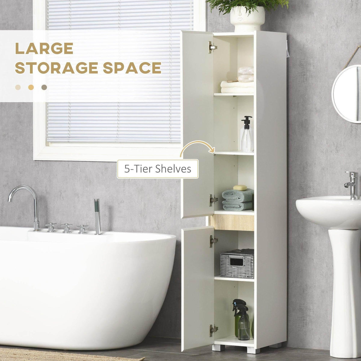 White bathroom cabinet with open door revealing five-tier adjustable shelves