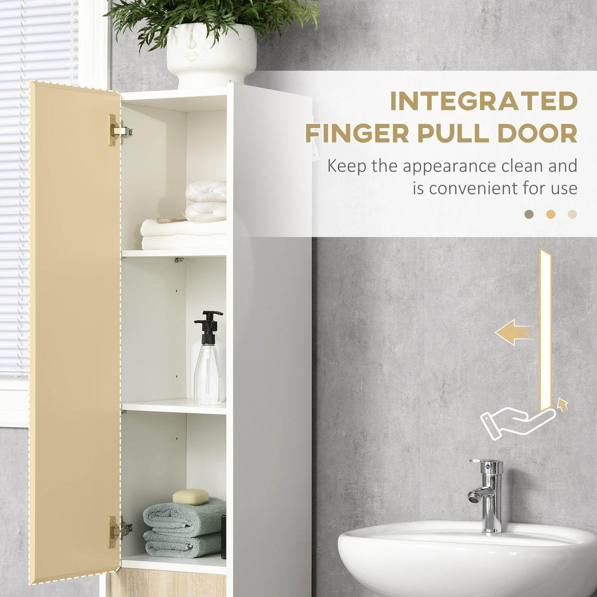 White bathroom cabinet with open door and finger-pull handle cutout