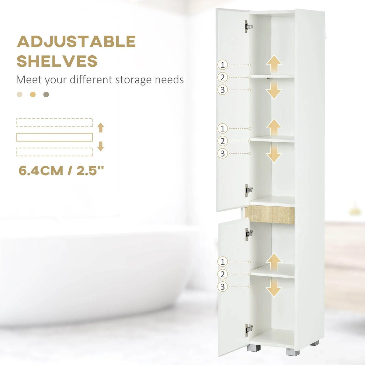 White tall cabinet showing adjustable shelving positions inside