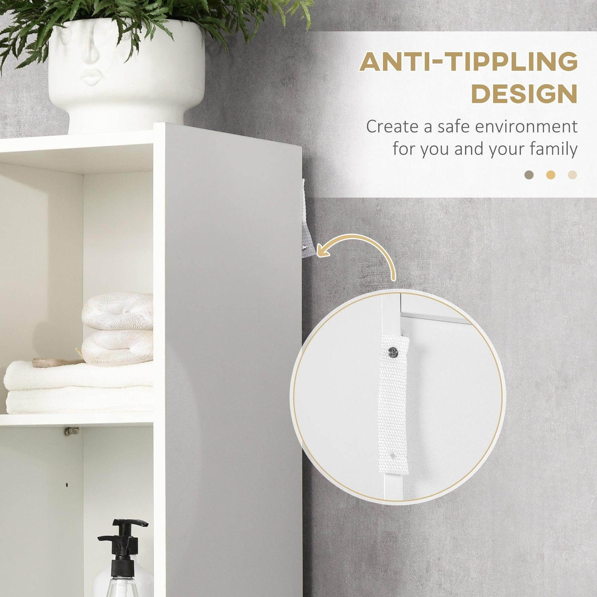 White cabinet door area with anti-tip strap connected to wall