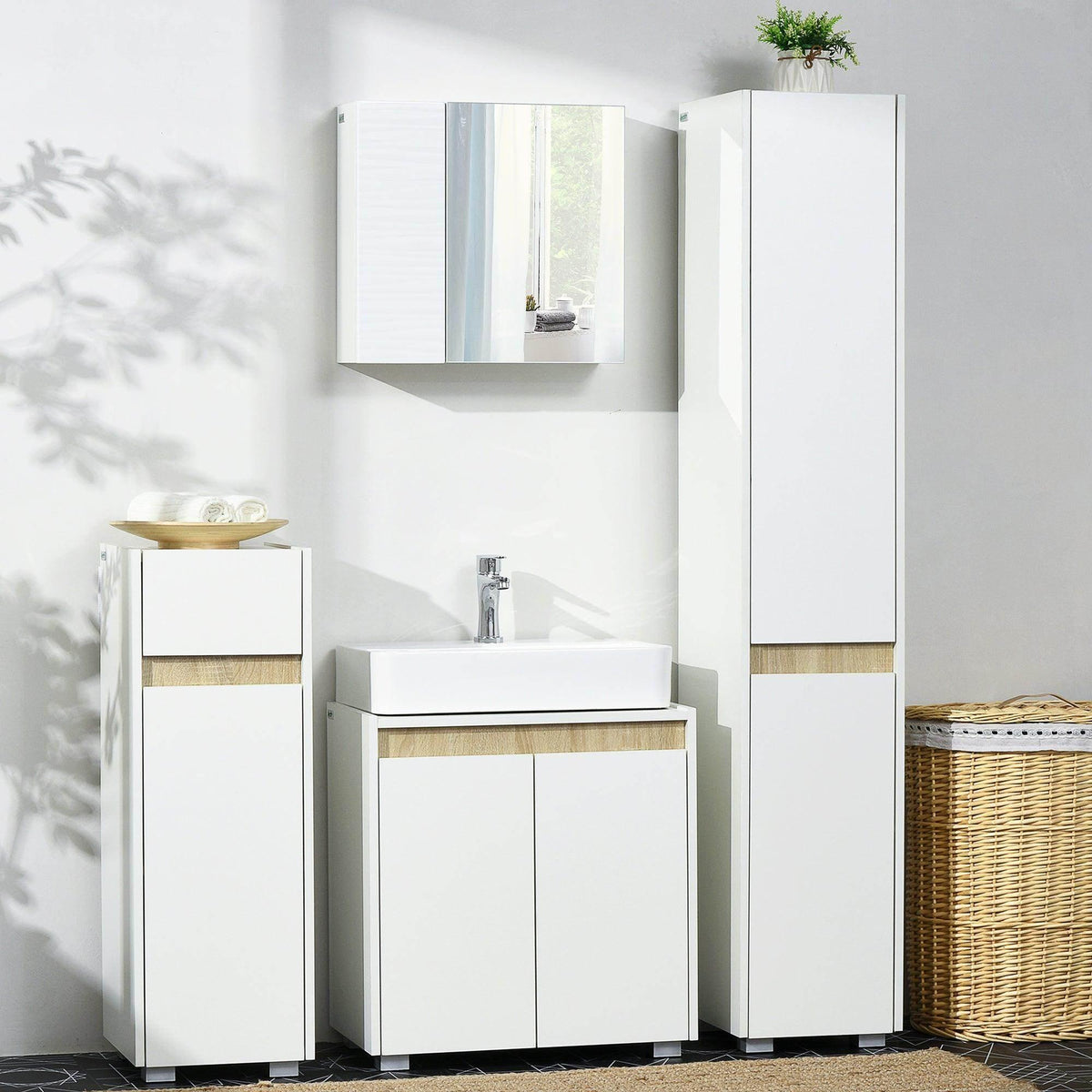 Tall white bathroom cabinet with mirrored upper door and two-door lower storage