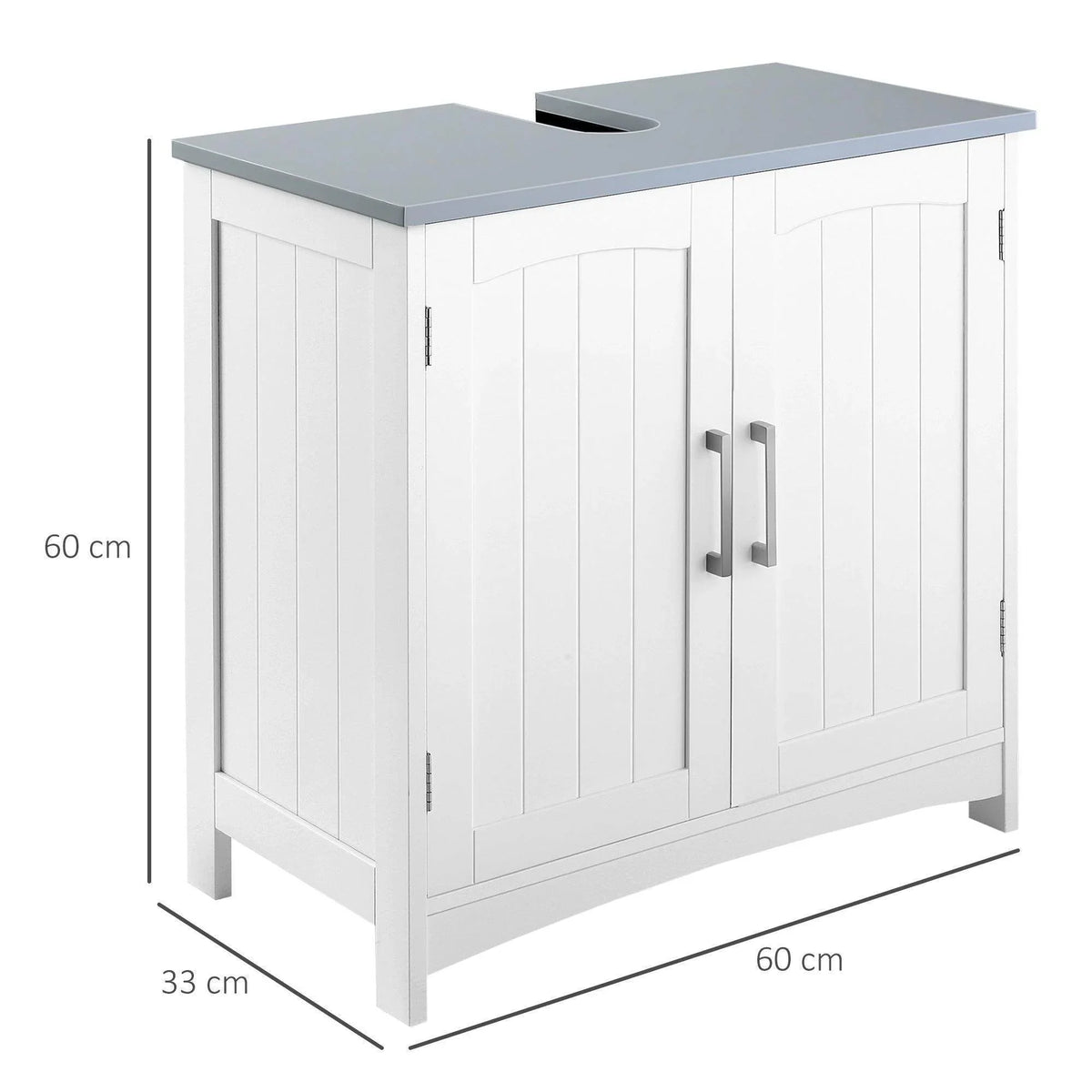 White double-door under sink cabinet with gray countertop and U-shaped sink cutout